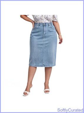 Plus Size Denim Midi Skirt High Waisted Stretch Jean Skirt